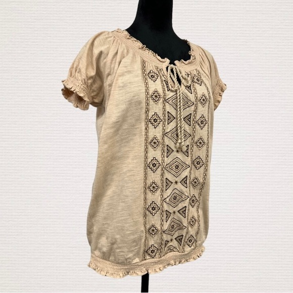 ST JOHN'S BAY Cream w/Brown Tribal Embroidery Boho Top, Cotton, Size Small - Picture 8 of 9